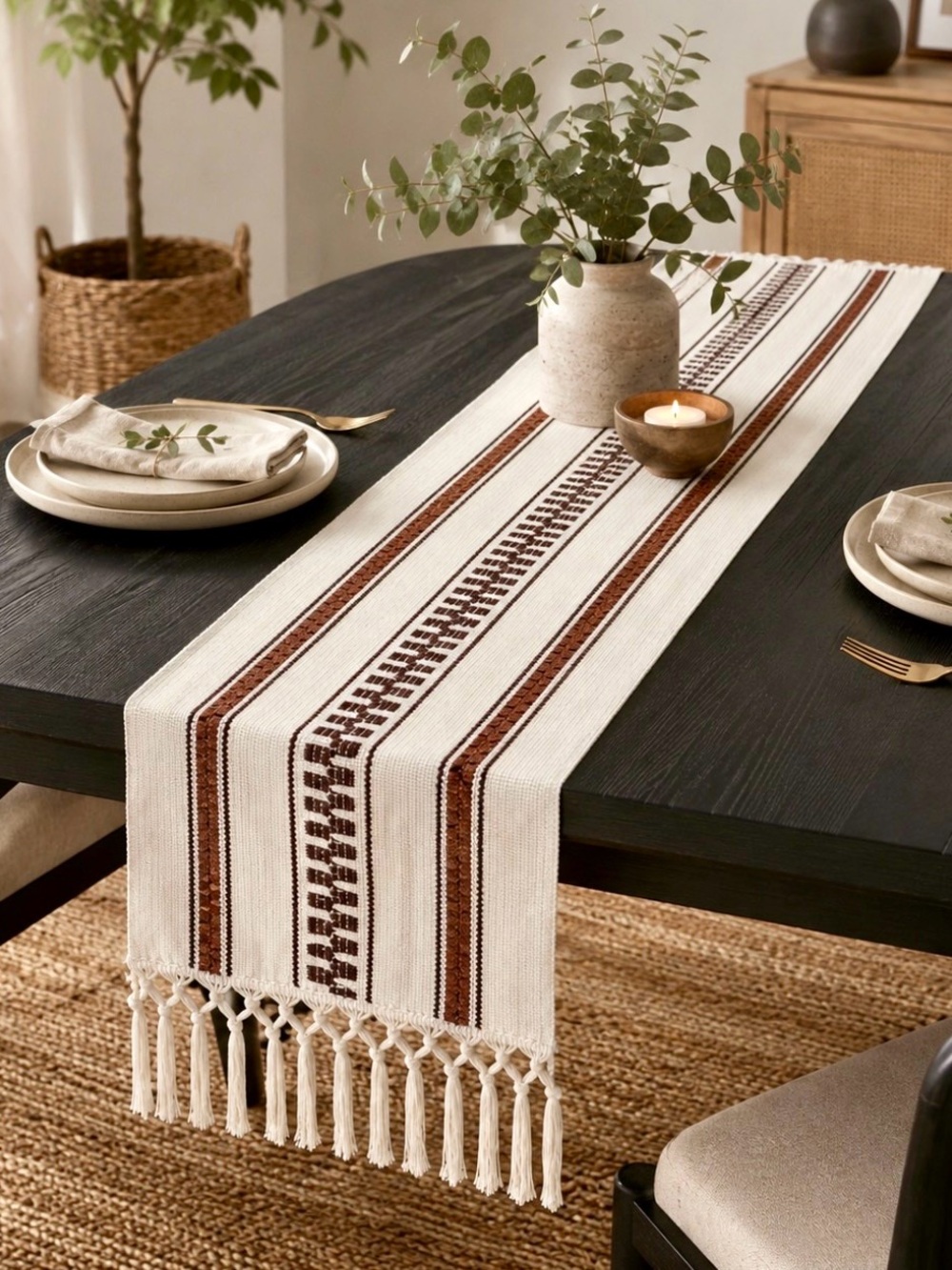 Boho Stripe Woven Table Runner in Cream and Brown - Baccessor